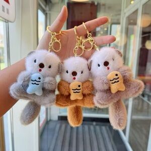 Plush Otter Mini Bag Charm Keychain - Brown/Gray/Cream